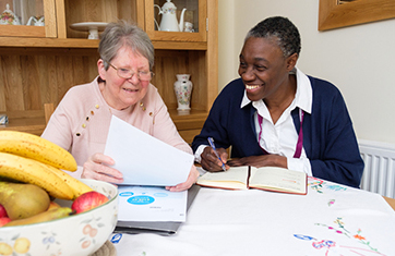 CAREGiver looking at cost of care with elderly lady