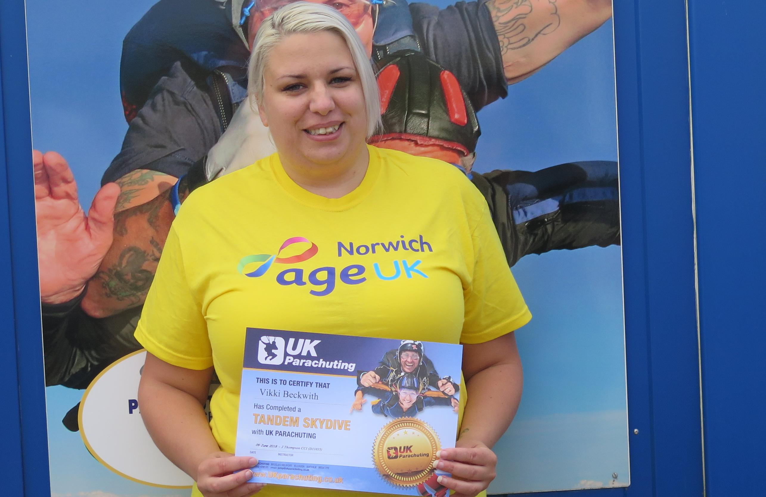 Vikki skydives her way to raising money for Age UK Norwich